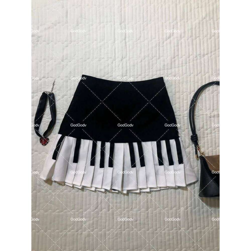 2000s Aesthetic Elegant Women Piano skirt Stripe Design Y2k Slim Mini Skirt Female Black White Spliced Korea Style Chic Outfits Z260314