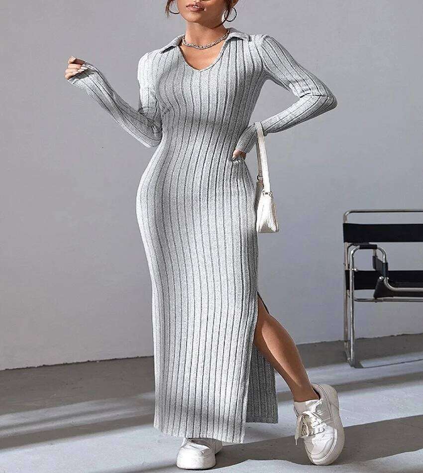 Spring and summer 2024 new style knitted slim lapel long sleeve dress pit strip solid color tight skirt Z260313