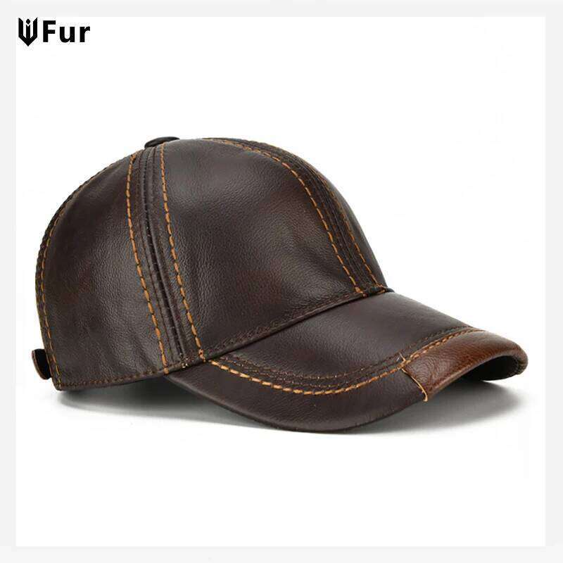 Men Cowhide Earlap Caps Male Fall Winter 100% Cow Hats New Casual Real Leather Outdoor Baseball Cap Z260313