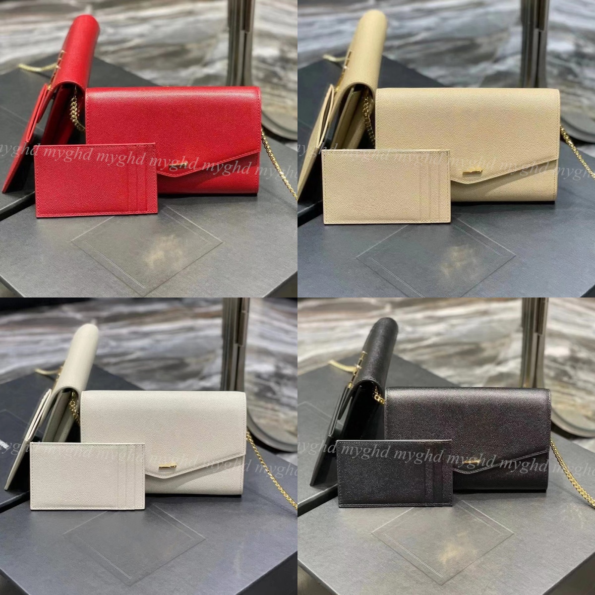 Women's Grained Leather Envelope Clutch size 19x12x4cm Crossbody Bag with Gold-Tone Logo & Detachable Chain Strap 35060