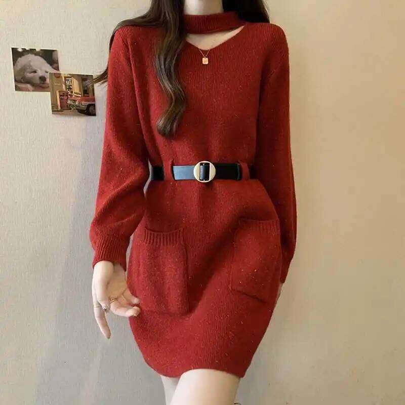 Red Bright Silk Sweater Mid-length Knitted Autumn Winter Waist-hugging and Slimming Inner Bottom Skirt Z260313