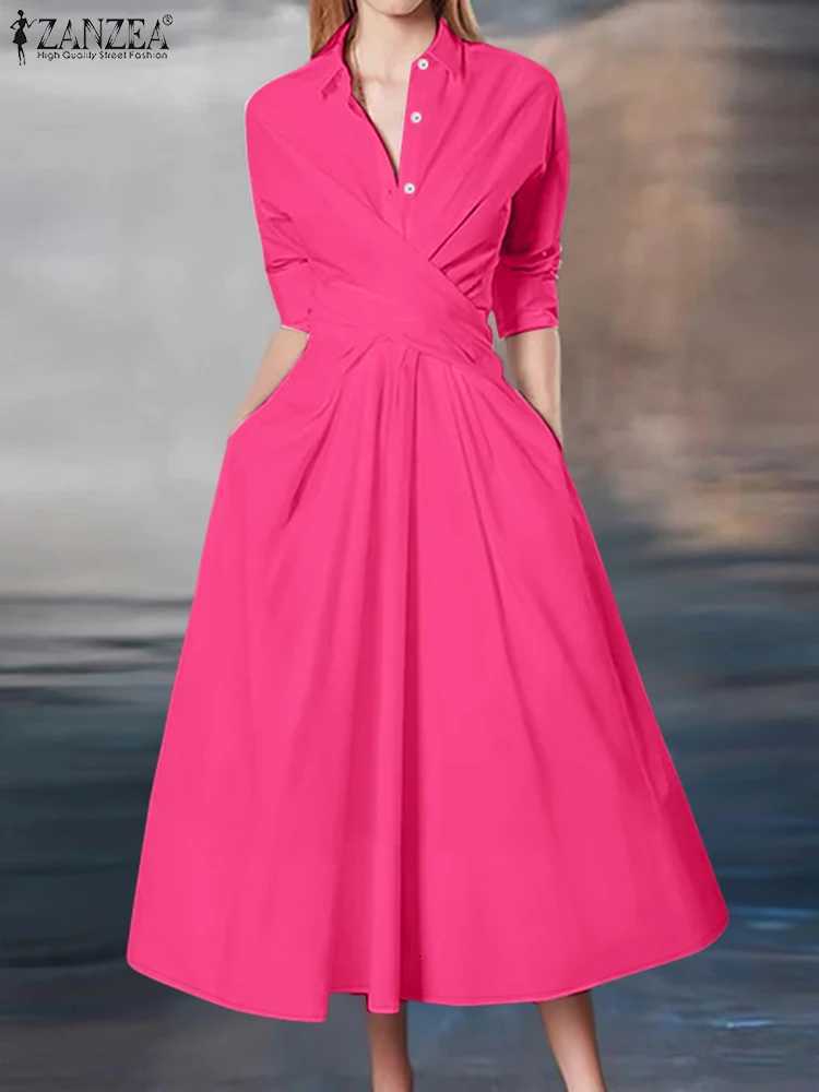 ZANZEA Women Street Fashion Crossover Waist Midi Dresses Elegant Long Sleeve Collared Shirtdress Commuting Solid Color RobesT260314