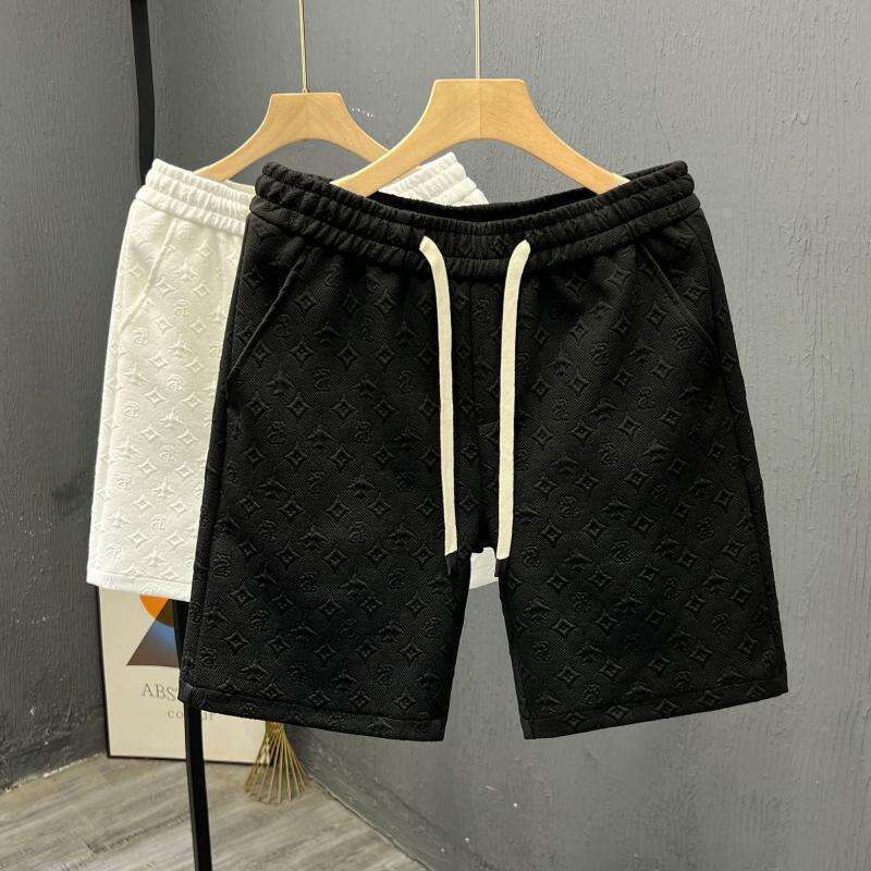 Summer Light Luxury Casual Style White Jacquard For Men, Trendy Brand Knee-Length Shorts, 2024 New Men's Beach Shorts Asia Size