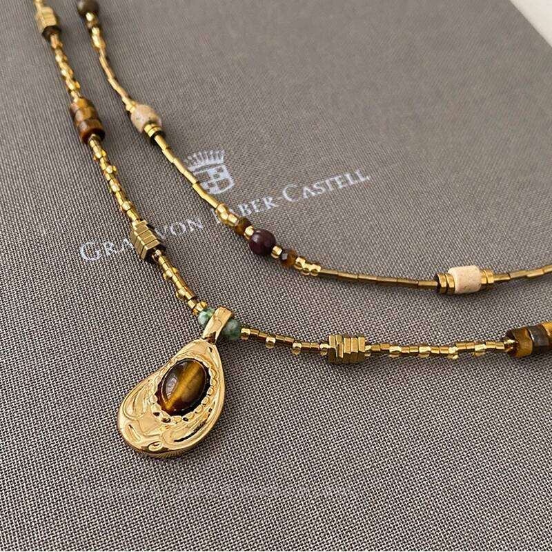 Mirad Retro Style Tiger Eye Stone Geometric Heterosexual Pendant Necklace Women's Sexy Clavicle Chain Trendy Jewelry Accessories H260312