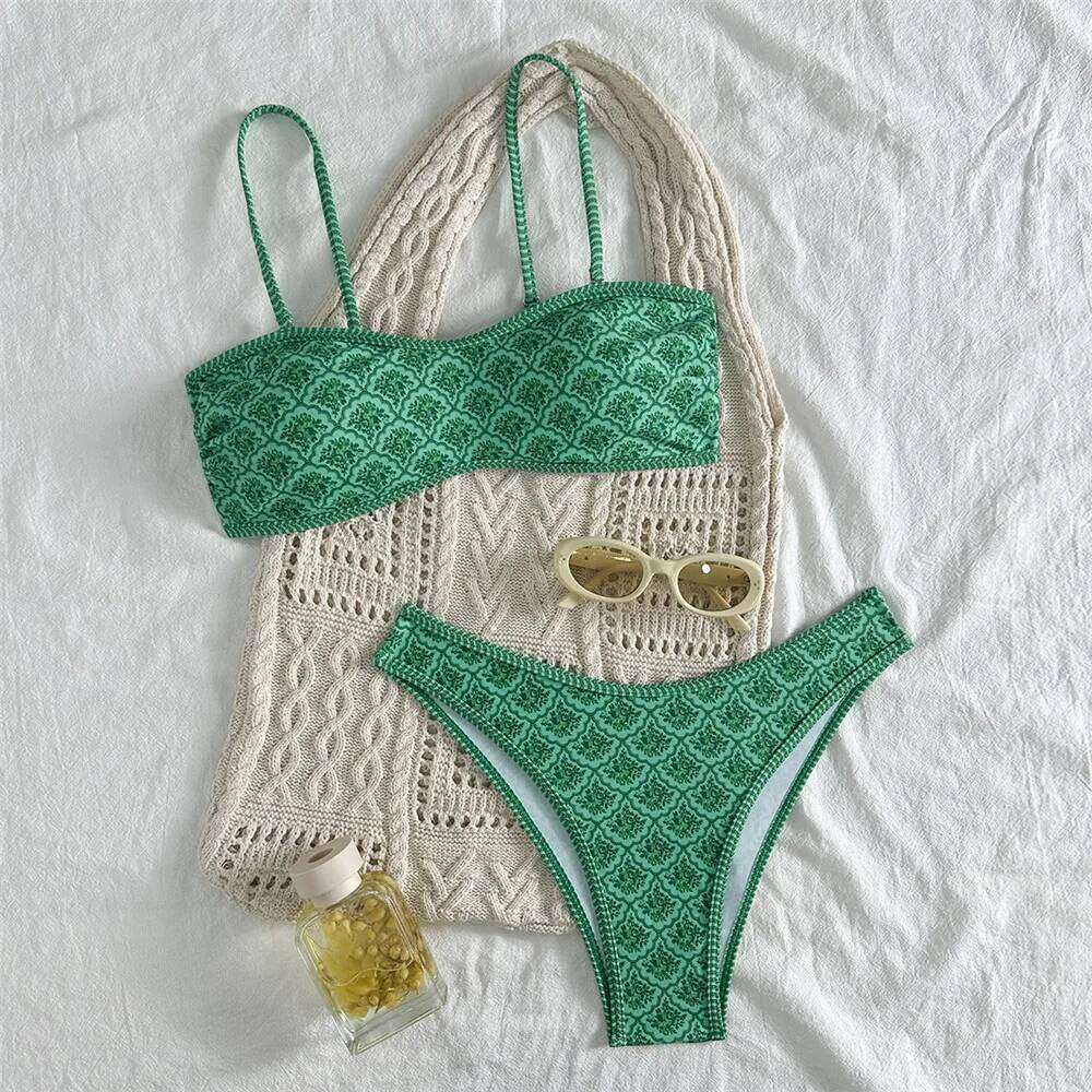 Green Vintage Floral Print Swimwear Bandeau Bikinis Sets Micro Thong Sexy Swimsuit Women 2026 Bathing Suit Bikini Mujer Biquinis Y260303