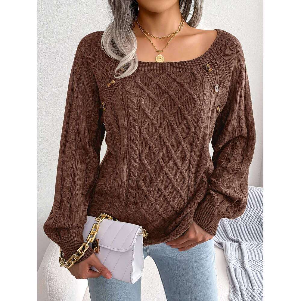 Woman Casual Plain Square Collar Buttons Long Sleeve Knitted Pullover Sweaters for Autumn Winter 2026 Fashion Women Clothes Z260313