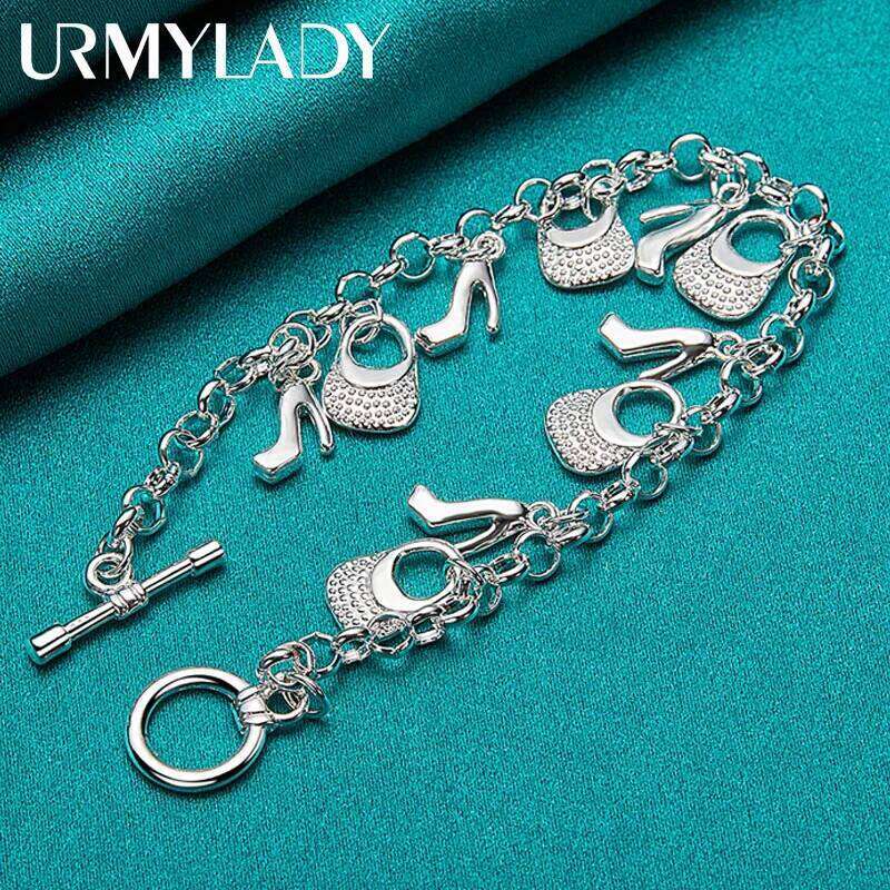URMYLADY 925 Sterling Silver handbag High Heels Pendant Bracelets For Women Wedding Party Fashion Jewelry Z260313