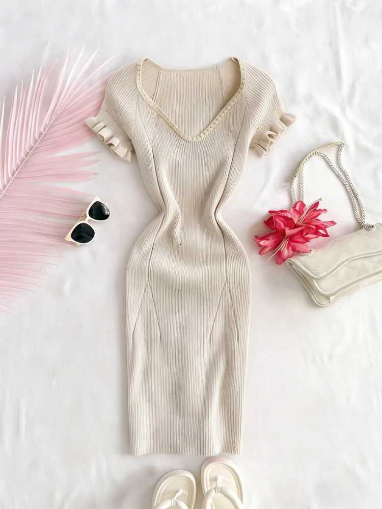 Pink Ruffle Solid Mini Dress Womens Short Sleeve V-Neck Contrast Sundress Elastic Ribbed Knit Bodycon Sexy Party Dress OutfitsT260314