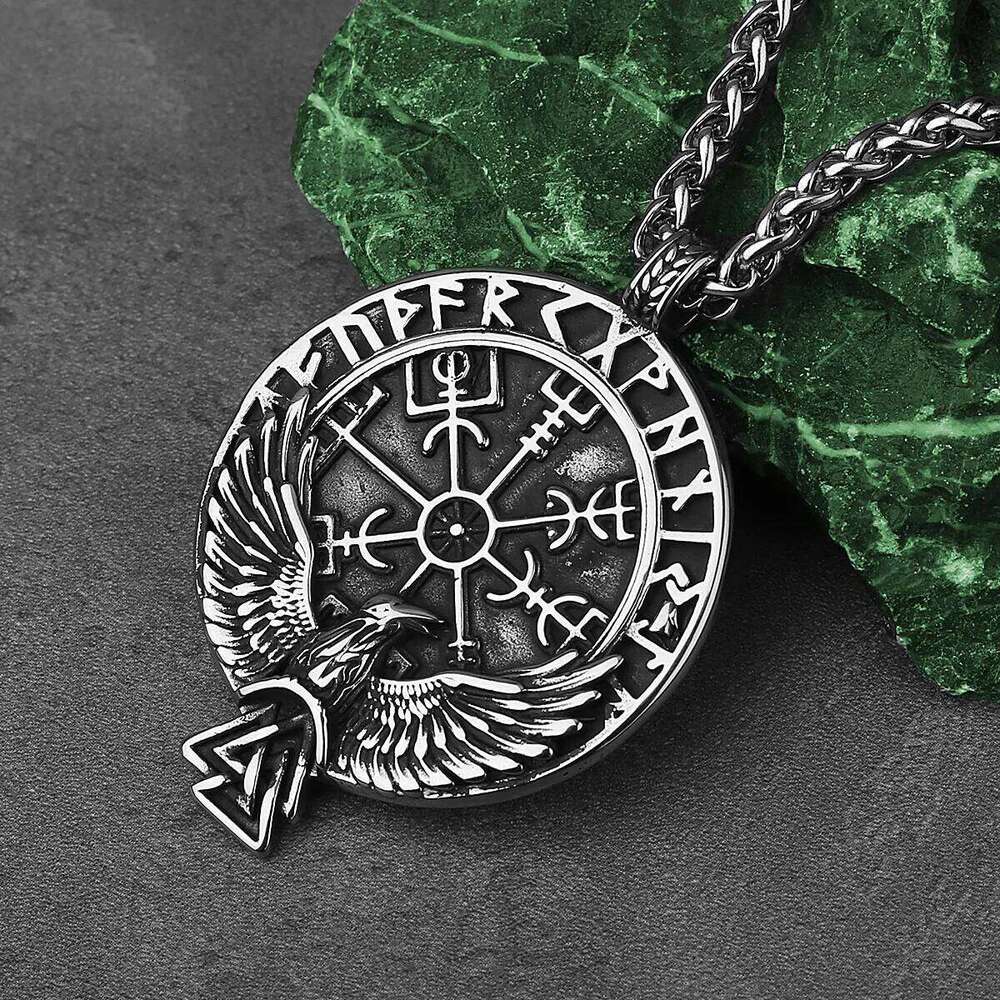 HNSP 316L Stainless Steel Viking Rune Nordic Odin Crow Pendant Necklace For Men Vintage Jewelry Accessories H260312