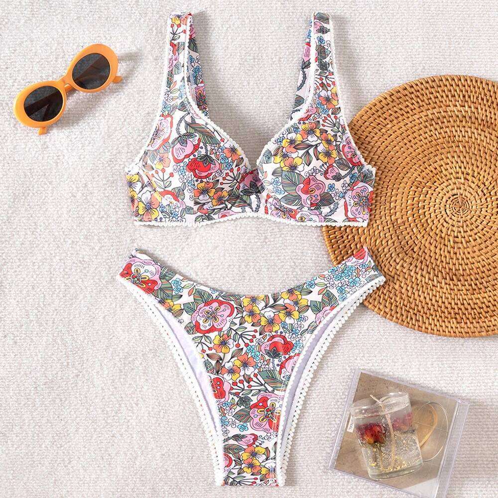 Sexy Bikini 2025 Women Flower Print Push Up Swimsuit Soft Split Bathing Suit Gathered Bra Low Waist Bikinis Sets Beach Swimwear Y260303