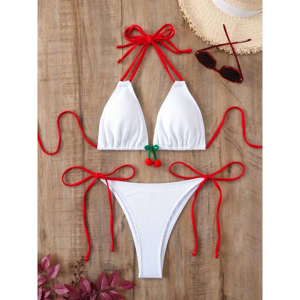 Bikini Women Swimsuit 2026 New White Ribbed Halter Bikinis Set Sexy Lace Up Swimwear Summer Two Piece Beach Bathing Suit Female Y260303