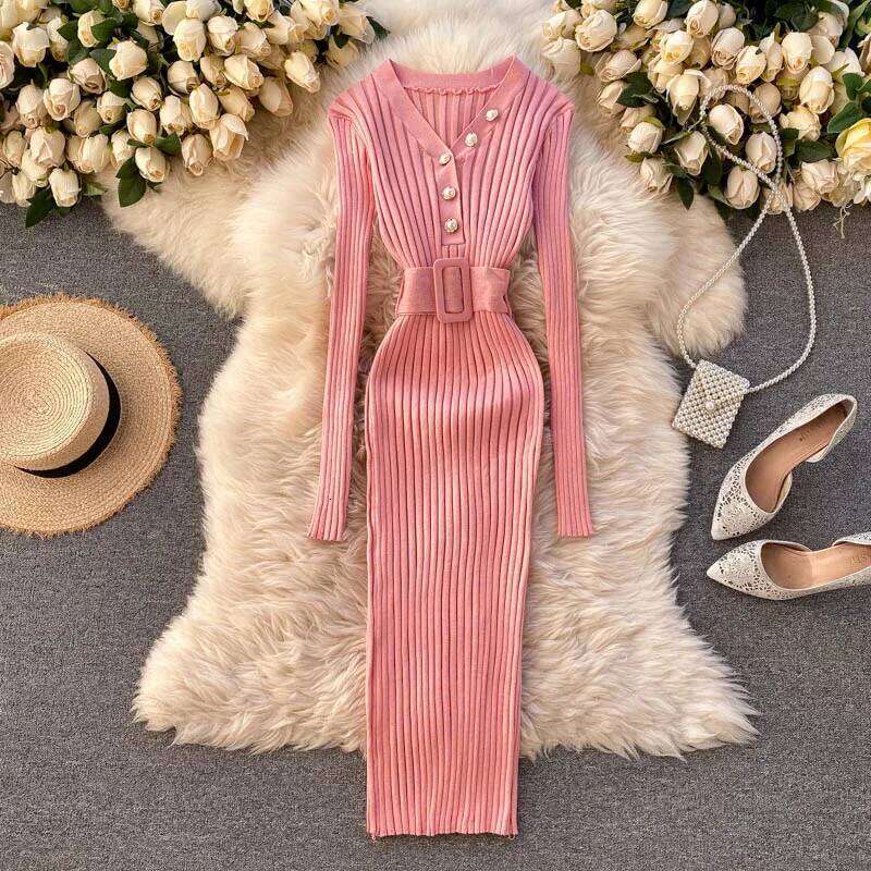 REALEFT Autumn Winter 2025 New Women's Knitted Dresses Sashes Buttons V-Neck Long Sleeve Elegant Bodycon Wrap Dress Female Z260313