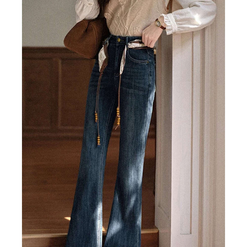 ALXNAN Vintage Blue Flared Women's High-waist Slim-fit Cotton Denim Jeans 2025 Autumn Winter Casual Female Pants L57012 Z260313