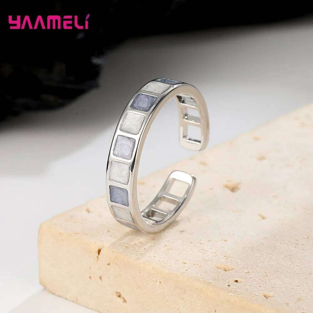925 Sterling Silver Jewelry Women Opening Adjustable Ring Glitter Square Wide Band New Fashion Female Accessories H260312