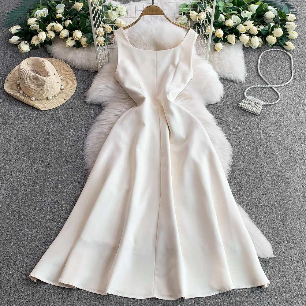 Designer French high-end satin elegant square neck women's sleeveless A12 dress summer waist cinching slim fit long dress