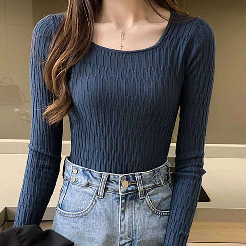 Square Collar Solid Bottoming Long Sleeve Slim Knit Pullovers Casual Office Sweater Women 2025 Fall Winter Z260314