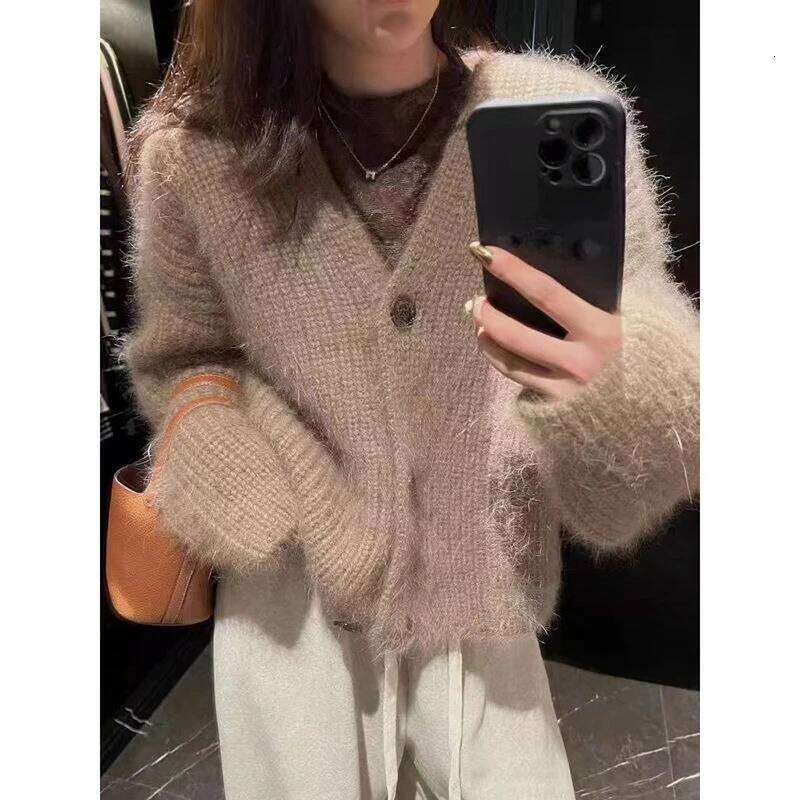 Deeptown Vintage Brown Knitted Women Korean Style Casual Long Sleeve Sweater Harajuku Autumn Winter Cardigan Aesthetics Z260313