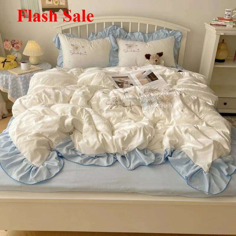2025 new lace embroidery small fresh and cute girl heart four-piece set washed cotton summer sheet quilt cover bed hat H260312 - view 3