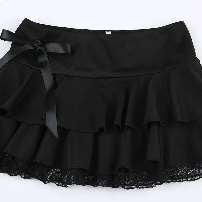 Goth Y2K Black Lace Trim Bow A Line Mini Skirt Women Korean Streetwear Z260314