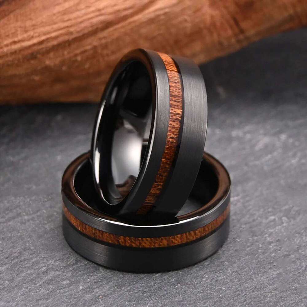 8mm brushed wood inlay black tungsten mens wedding band ring, anniversary gift,comfort fit jewelry H260312