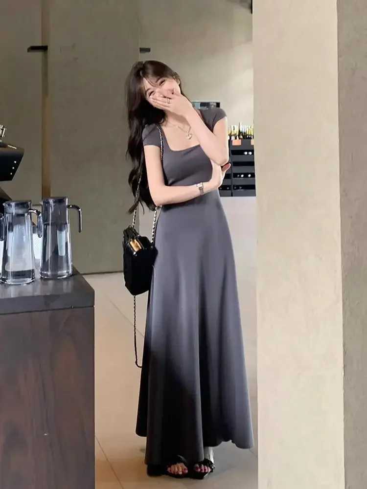 PTKPCC New Summer Waist-fitted Elegant French Style Womens Grey Short Sleeve Tank Dress Long Dress Sexy DressT260314