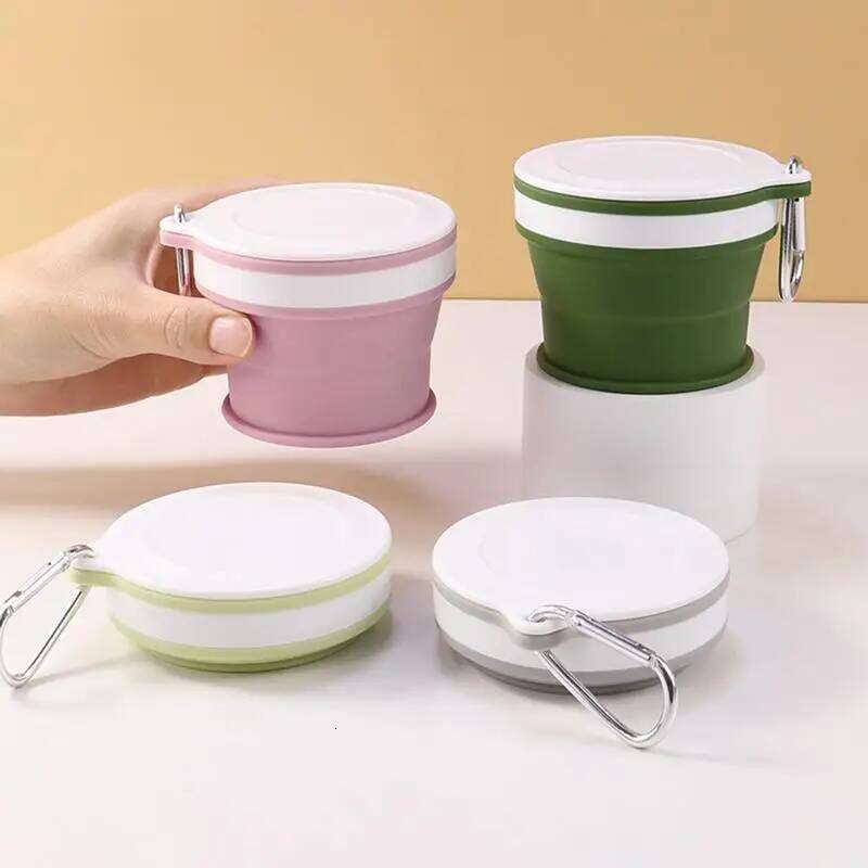 Folding Cups Food Grade Water Silicone Retractable Portable Outdoor Handcup Reusable Leak Proof Camping Cup with Carabiner Z260314