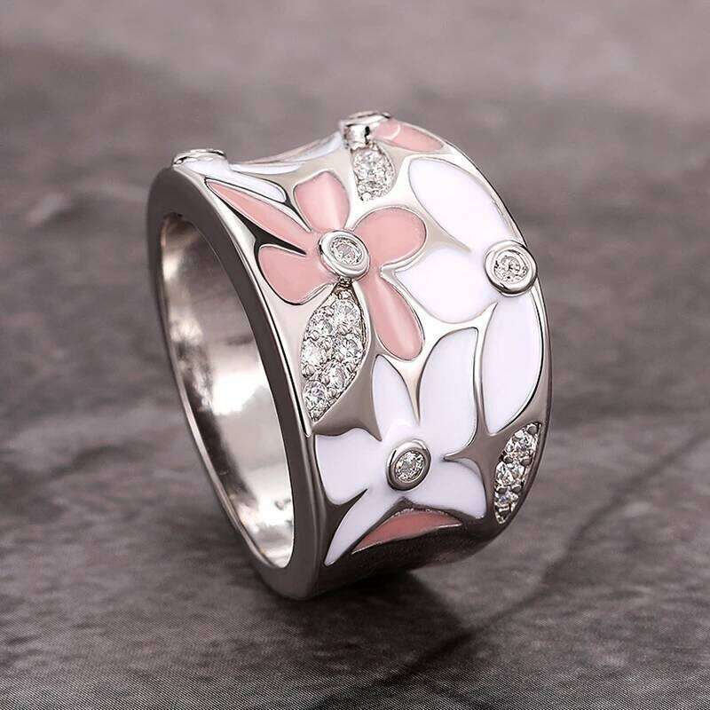 Huitan Aesthetic Enamel Flower Finger for Women Wedding Party New 2023 Ring Silver Color Luxury Cubic Zirconia Jewelry Gift H260312