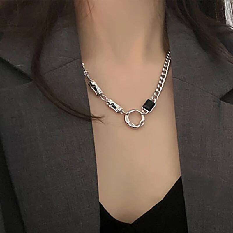 Foxanry Black Zircons Clavicle Chain Necklace New Fashion Simple Irregular Round Geometric Handmade Birthday Party Jewelry Gifts H260312