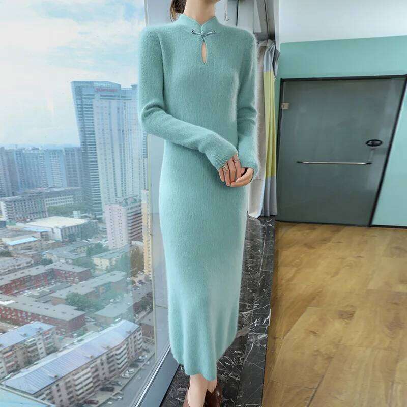 Women' 100%Pure Mink Cashmere Stand-Up Collar Buckle Slim Knit Long Skirt Fashion High Waist Over The Knee Bottoming Dress Z260313