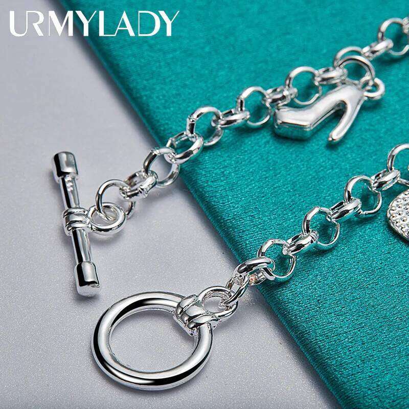 URMYLADY 925 Sterling Silver handbag High Heels Pendant Bracelets For Women Wedding Party Fashion Jewelry Z260313
