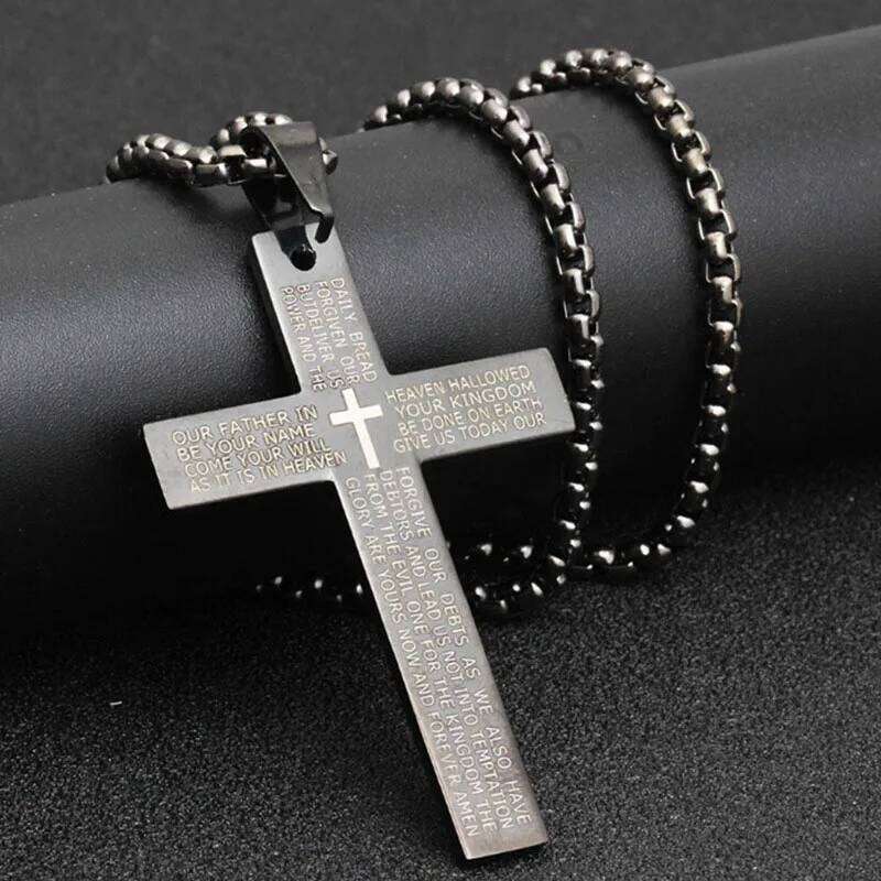 Fashion Stainless Steel Pendant Necklace Hip Hop Neck Chains Jesus Christ Cross Lucky Letter Engraving Christian Jewelry H260312