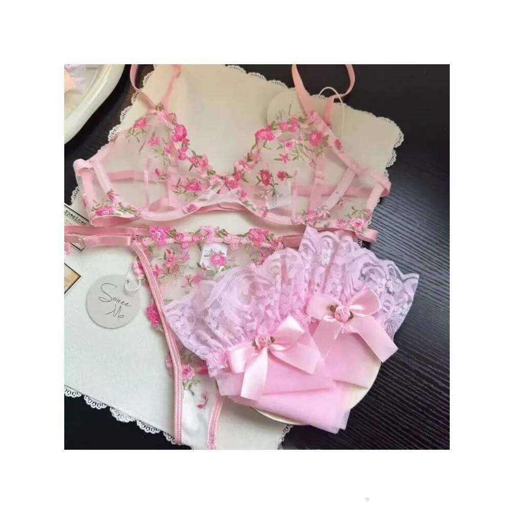 Sexy Lingerie Set - Pink French Lace Bra|G-stringFloral Embroidery Women's Underwear,Sweet Push Up Bra Set,Valentine's Day Gift