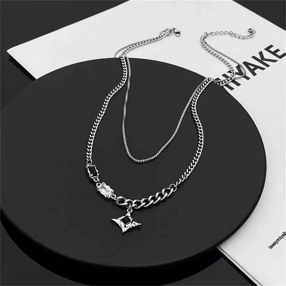 Hip Hop Zircon Star Double Layer Necklace For Men Women Trend Charm Titanium Steel Pendant Chain Unisex Jewelry Wholesale H260312