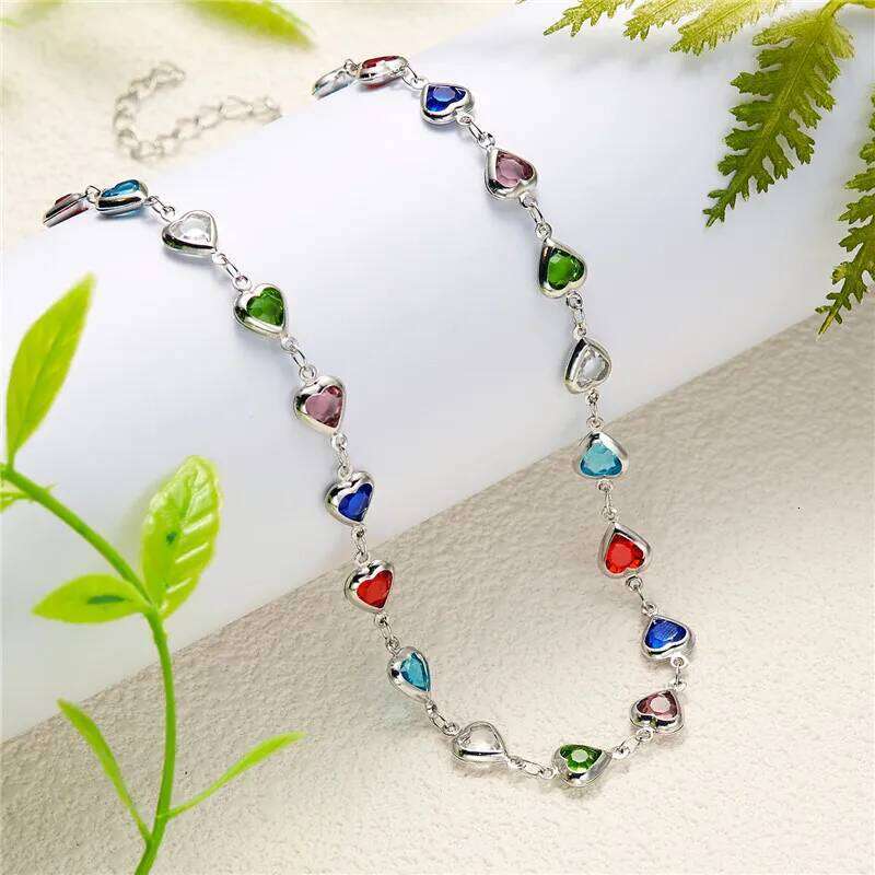 Exquisite Colorful Crystal Heart Choker For Women Charm Zircon Metal Chain Necklace Party Birthday Jewelry Gift H260312