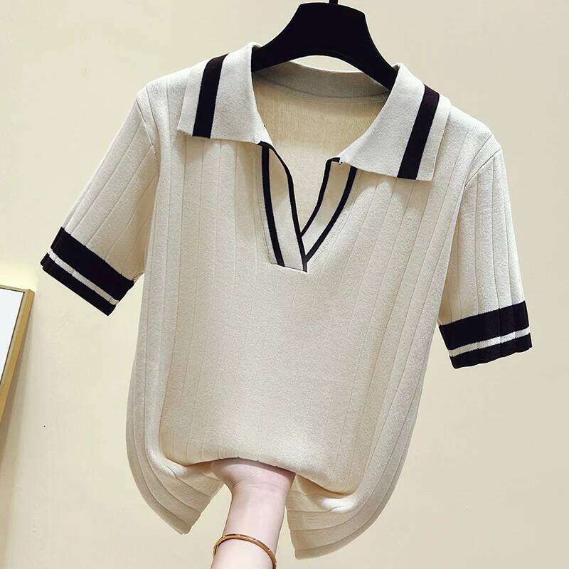 Summer Knitted Sweater Tshirt Women Casual Fashion Basic Split Tees Tops Short Sleeve Polo Collar Ladies Knitwear Jumpers Z260313