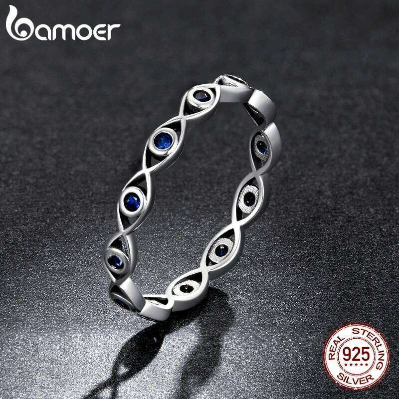 bamoer 925 Sterling Silver Lucky Eye Blue Crystal Crown Heart Spades Black Gem Ring for Women Wedding Jewelry Anillo H260312