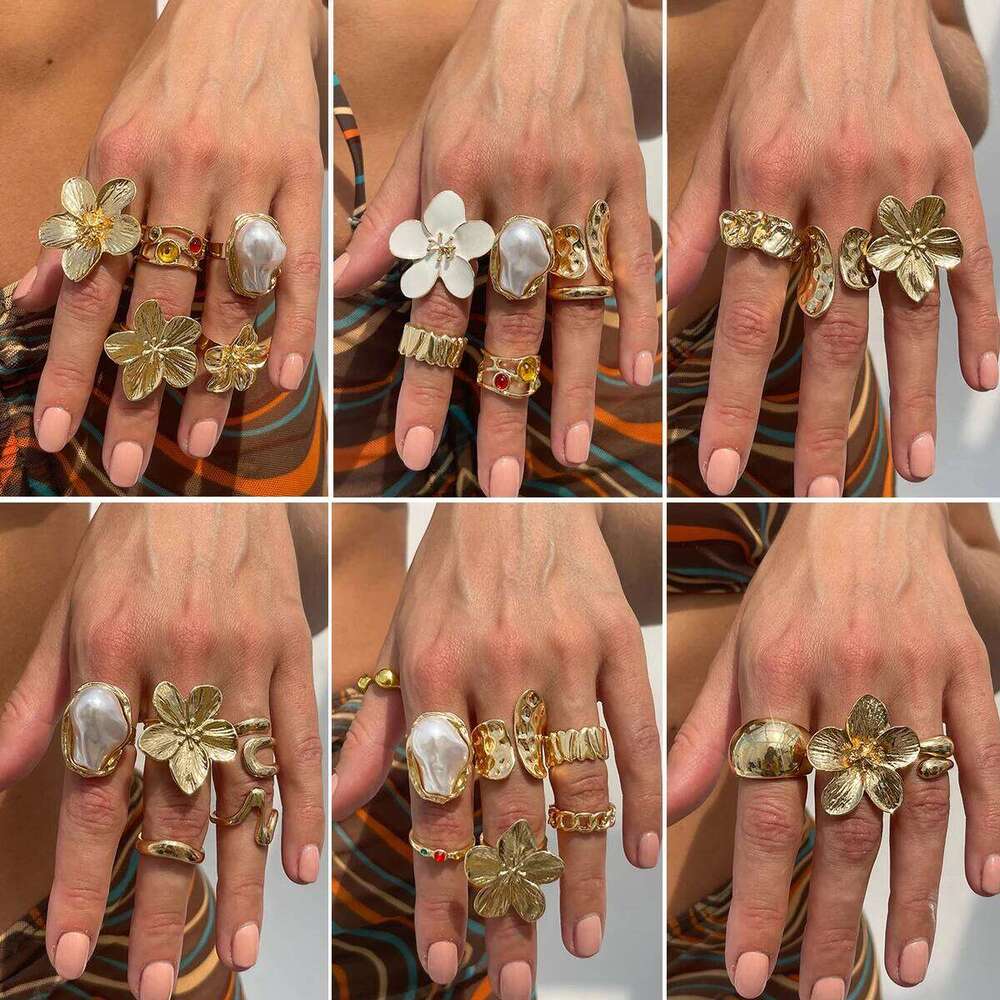 Ingemark 2025 New Fashion Metal Flower Open for Women Creative Baroque Imitation Pearl Rings Y2K Bridal Wed Jewelry Gift H260312