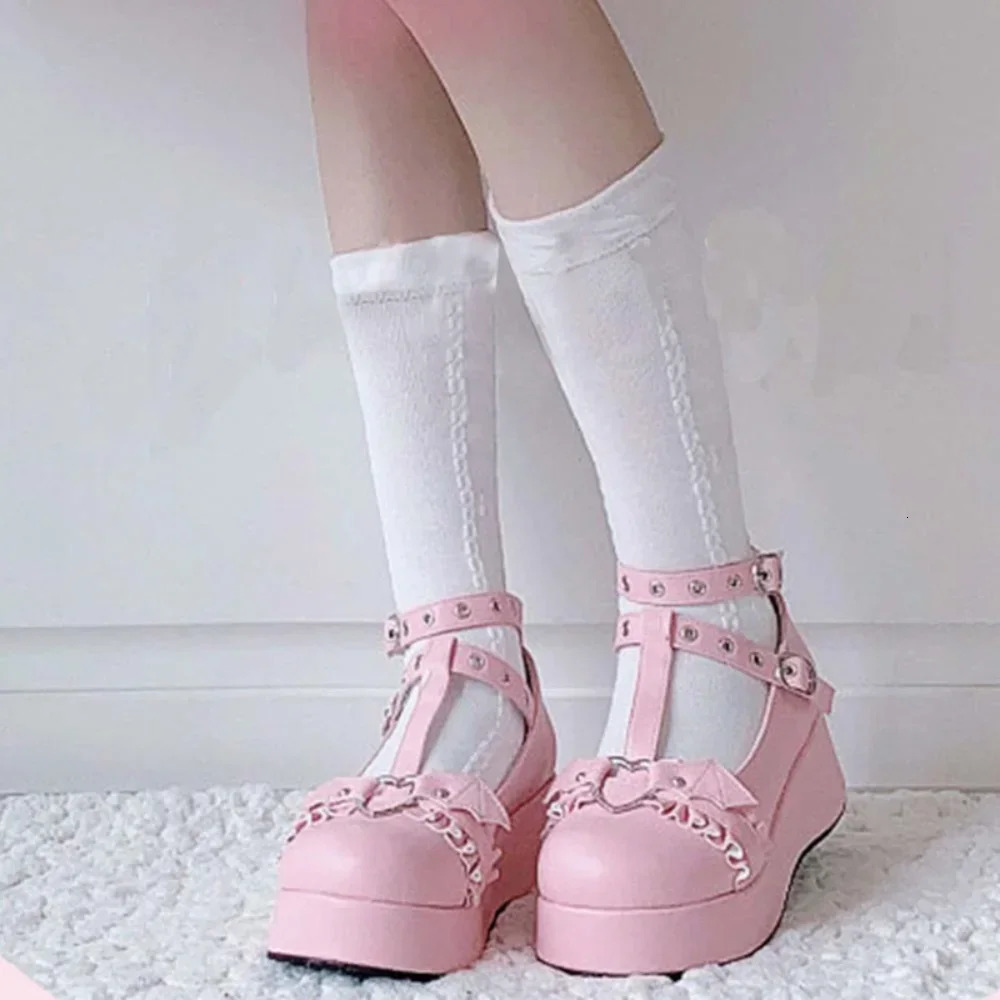 Sweet Heart Buckle Wedges Mary Janes Women Pink TStrap Chunky Platform Lolita Shoes Woman Punk Gothic Cosplay 43 260313
