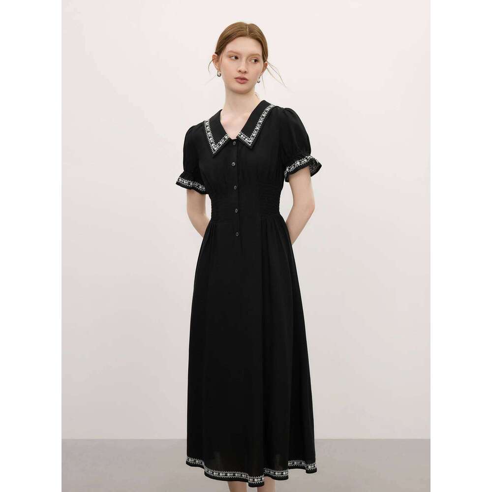FSLE Linen Elegant Commuting French Audrey Hepburn Style Women's Summer Short Sleeve Little Black Dress 25FS12841 Z260314