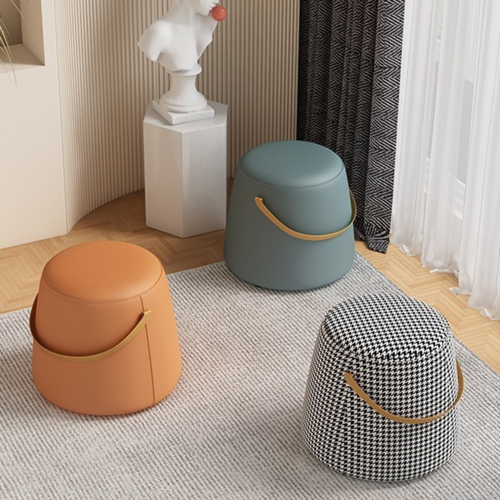 Small Houndstooth Stool Handheld Bucket Stool Home & Living Room Sofa Footstool Minimalist Shoe Bench Solid Wood Furniture