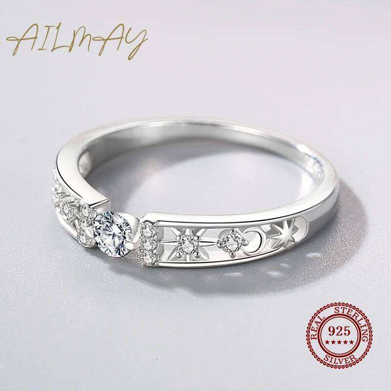 Ailmay Real 925 Sterling Silver Clear CZ Finger Geometric Line Rings For Women Classic Wedding Statement Jewelry H260312