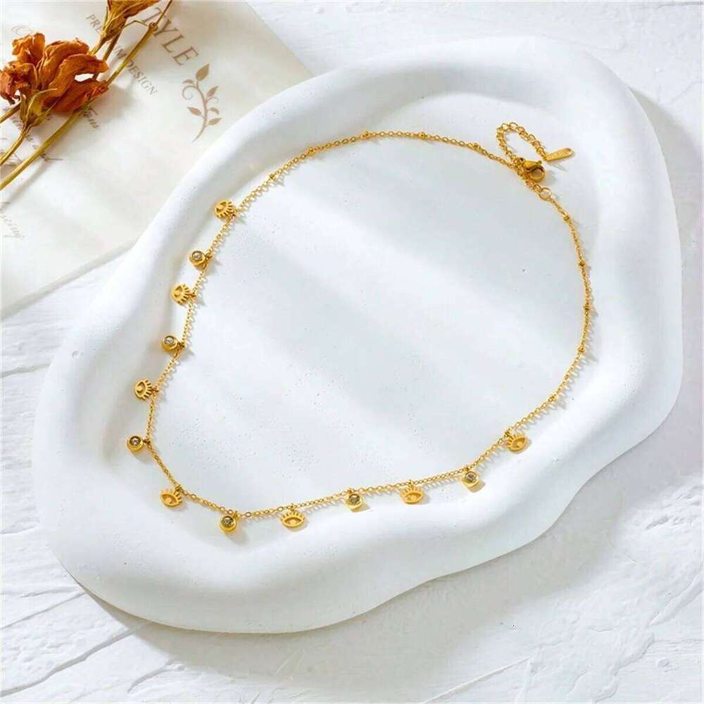 New Vintage 18K Gold Plated Stainless Steel Evil Eye Pendant Clavicle Chain Necklace for Women Party Jewelry Gifts H260312
