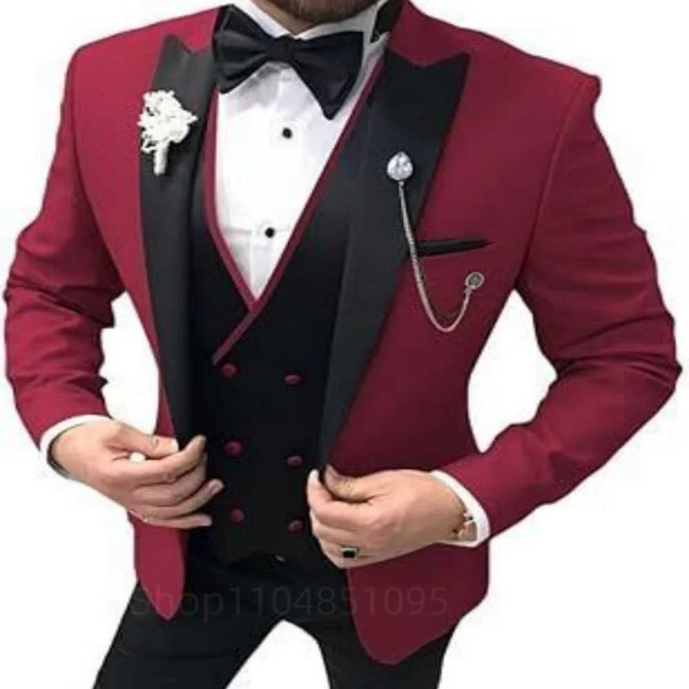3 Piece Wedding Suits for Men Peak Lapel Double Breasted Tuxedo Jacket Vest Pants Groom Business Fashion Party Set M260313