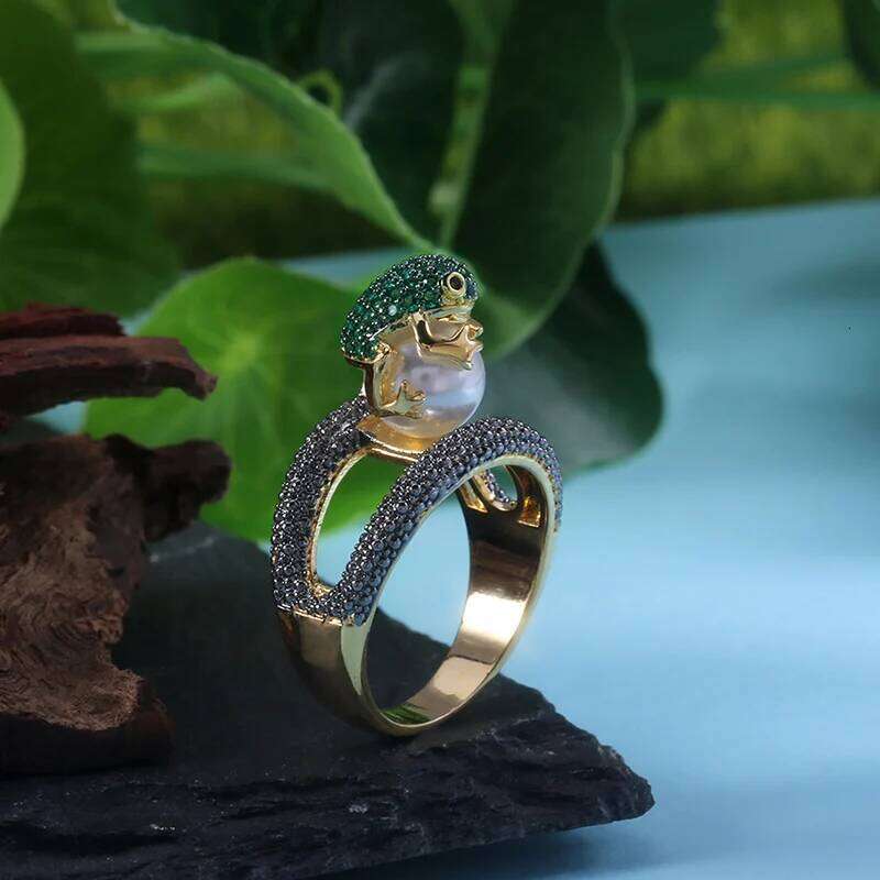 Huitan Cute Animal Jumping Frog Shaped Fancy Rings Birthday Gift For Children Rough Surface With Simulated Pearl Ring H260312