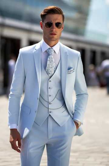 Sky blue suit mens lapel single breasted elegant three-piece jacket trousers vest slim-fit wedding dress M260313
