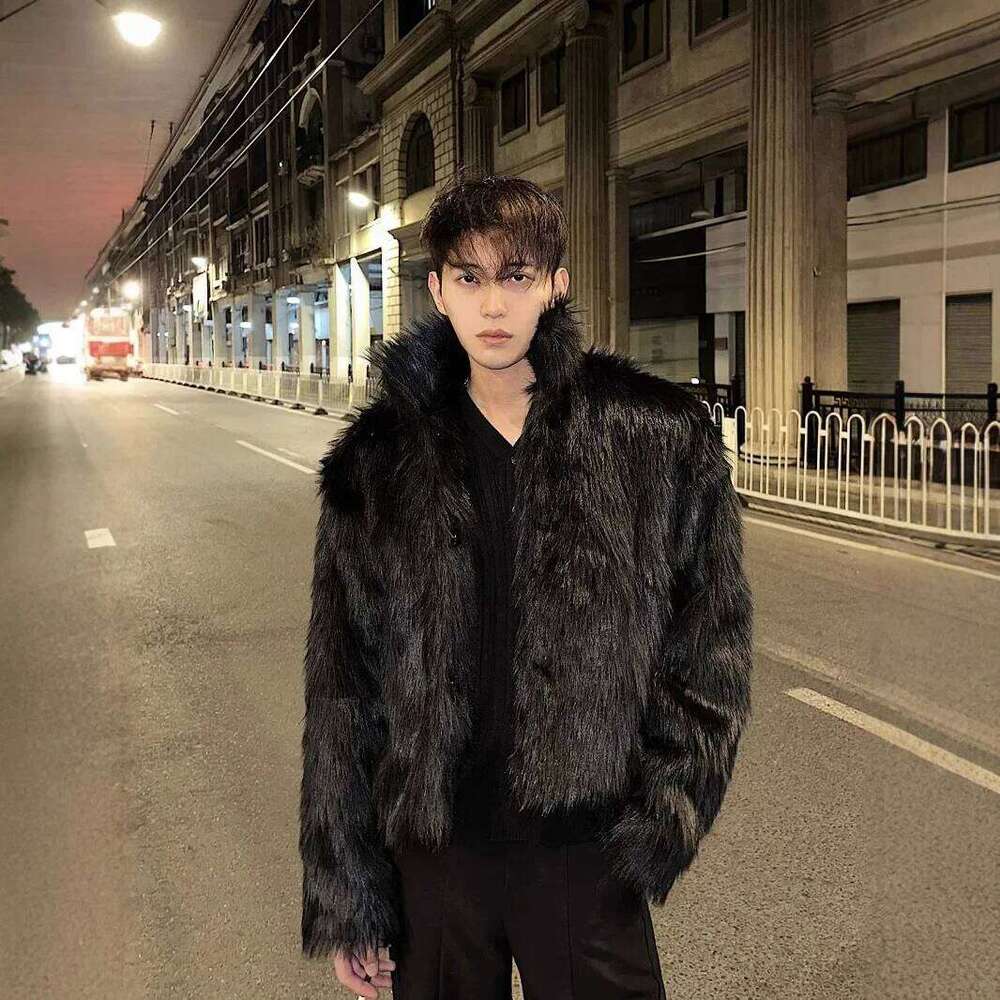 Autumn Winter New Fashion Men's Black Solid Color Casual Trendy Loose Stand Collar Long Sleeve Faux Fur Coats Male Clothes Tops Z260313