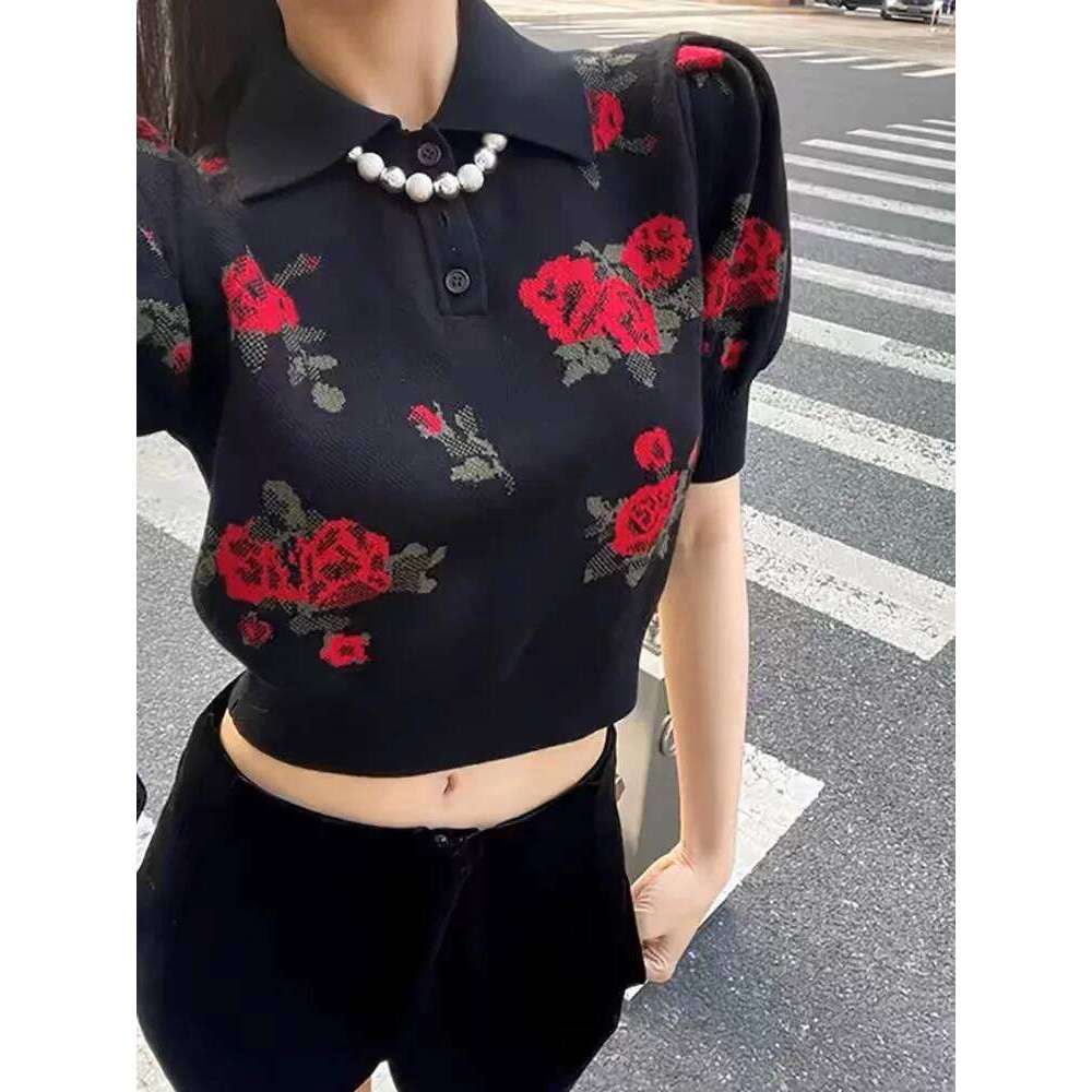 Black Rose Jacquard Sweater For Women Knit T-shirt Pullovers Elegant Vintage Ladies Tops Tees 2024 Summer Short Sleeve Knitwear Z260313
