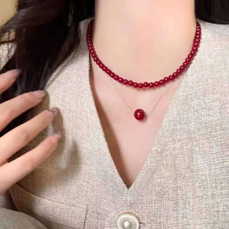 Red Round Glass Bead Necklace Retro Collarbone Chain Accessories for Women H260312