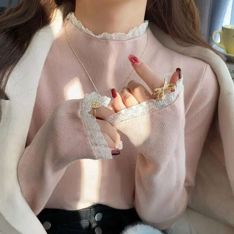 Korean Style Simple Base Layer Tops Womens Elegant Lace Trim Sweater Spring Autumn Grey Slim Fit Long Sleeves Pullovers Z260313