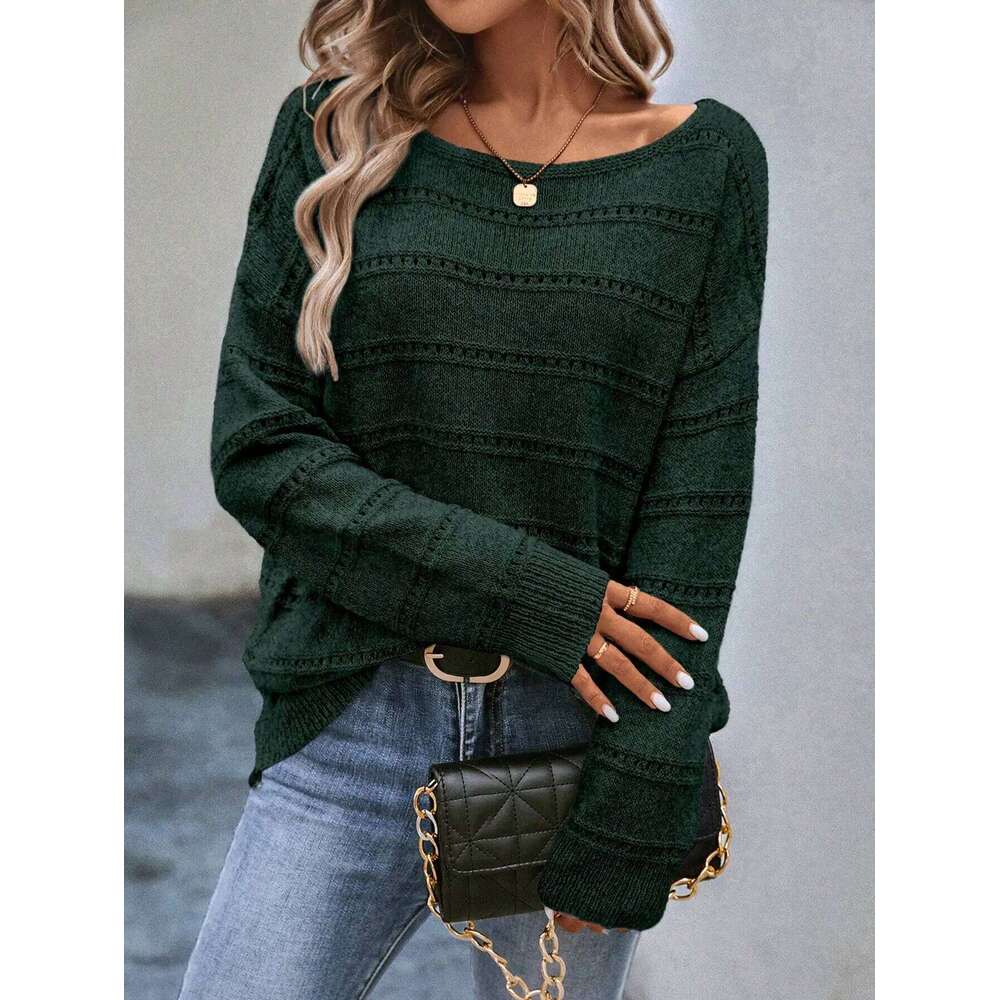 New solid color hollow round neck pullover knitted sweater Z260313